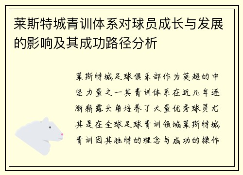 莱斯特城青训体系对球员成长与发展的影响及其成功路径分析