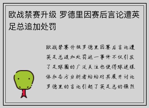 欧战禁赛升级 罗德里因赛后言论遭英足总追加处罚