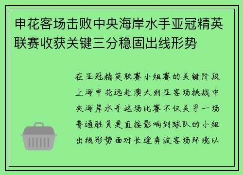 申花客场击败中央海岸水手亚冠精英联赛收获关键三分稳固出线形势